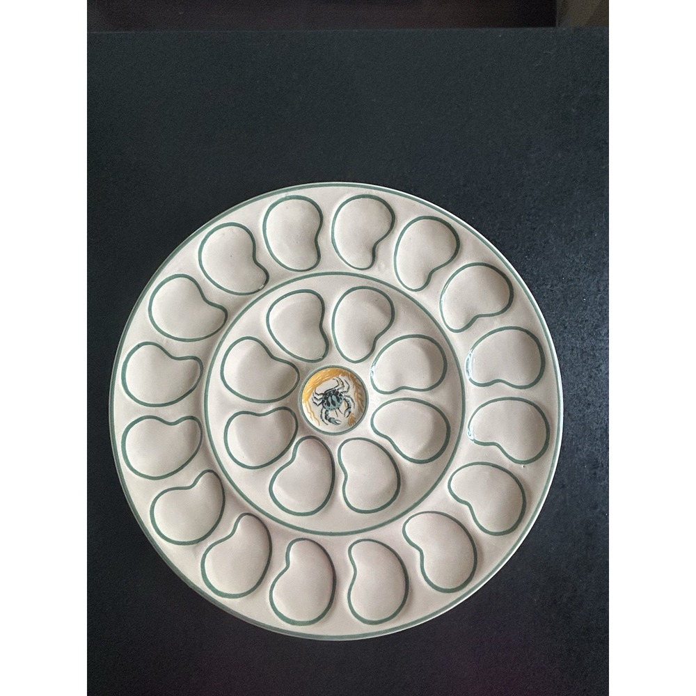 Henriot Quimper Hand Painted Ceramic Crab motif Oyster Plate holding 24 oysters
